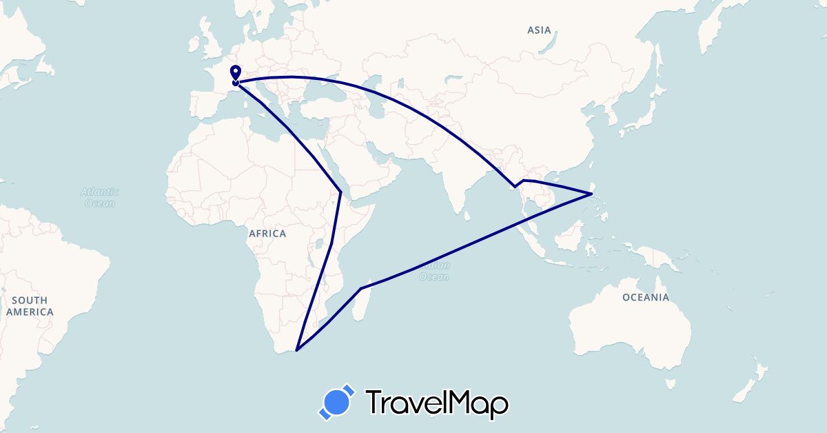 TravelMap itinerary: driving in Eritrea, France, Kenya, Laos, Madagascar, Myanmar (Burma), Philippines, Thailand, South Africa (Africa, Asia, Europe)